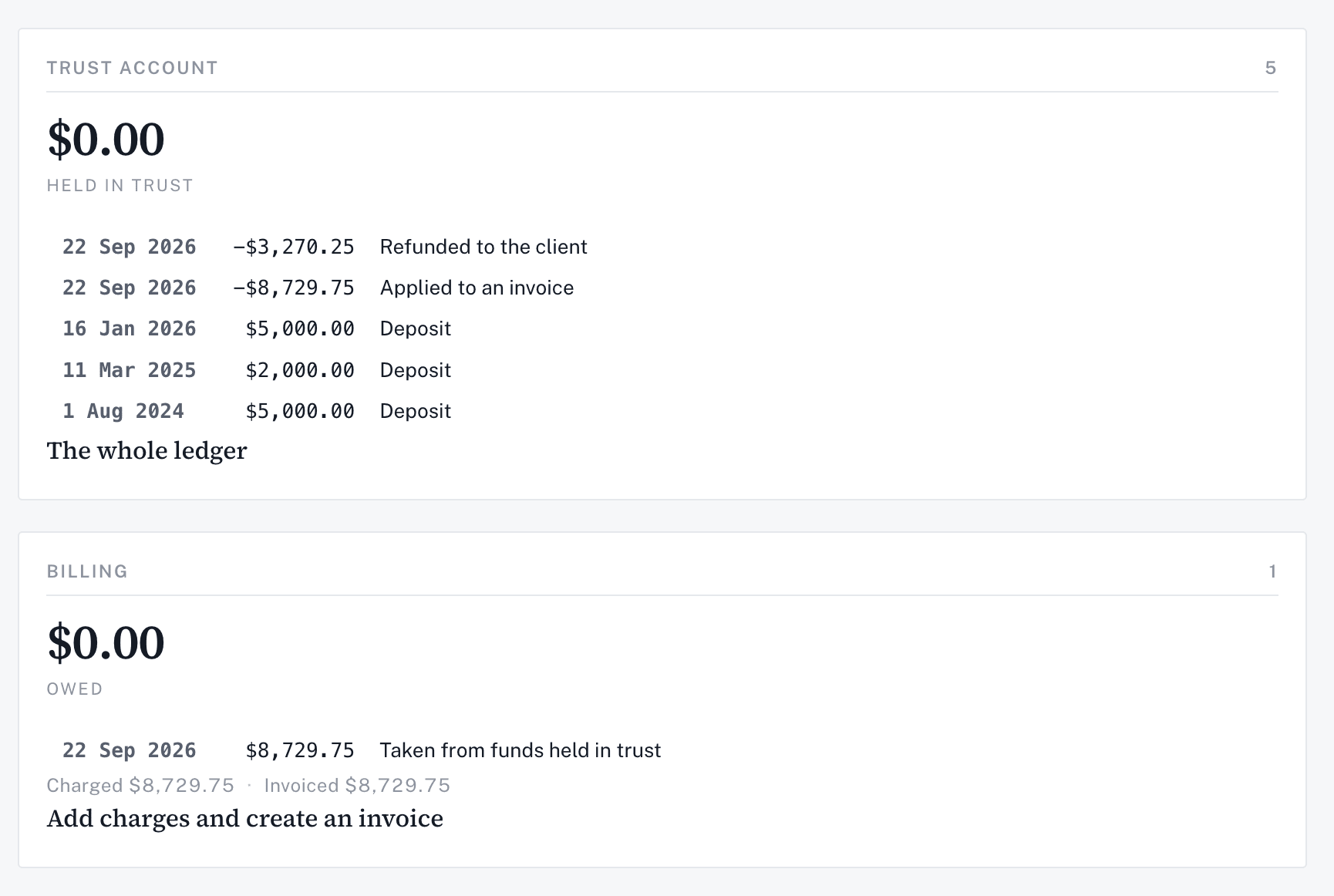 A matter’s trust ledger and billing summary in Thistle.