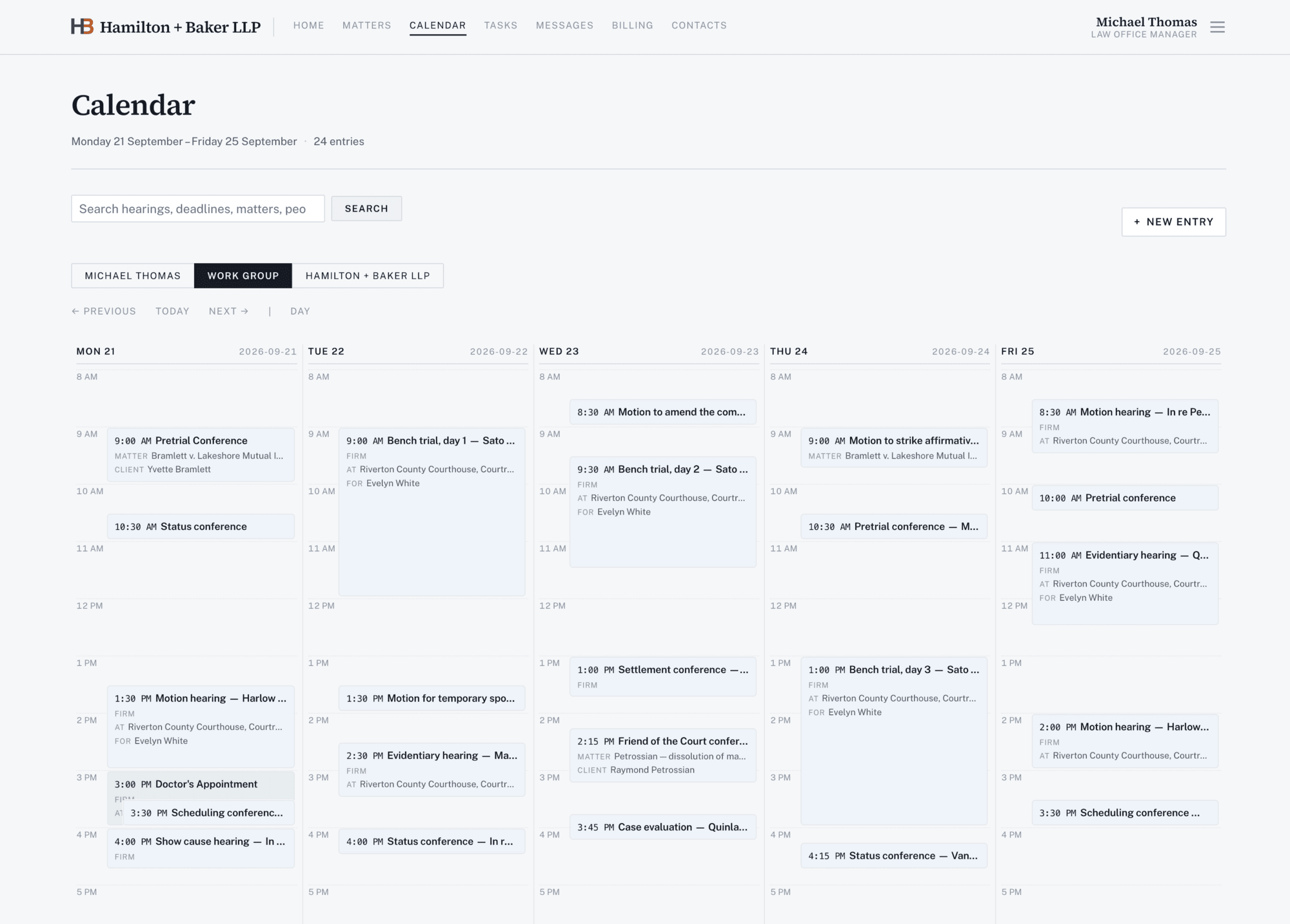 The calendar in Thistle, showing a week of hearings and deadlines across the firm’s matters.