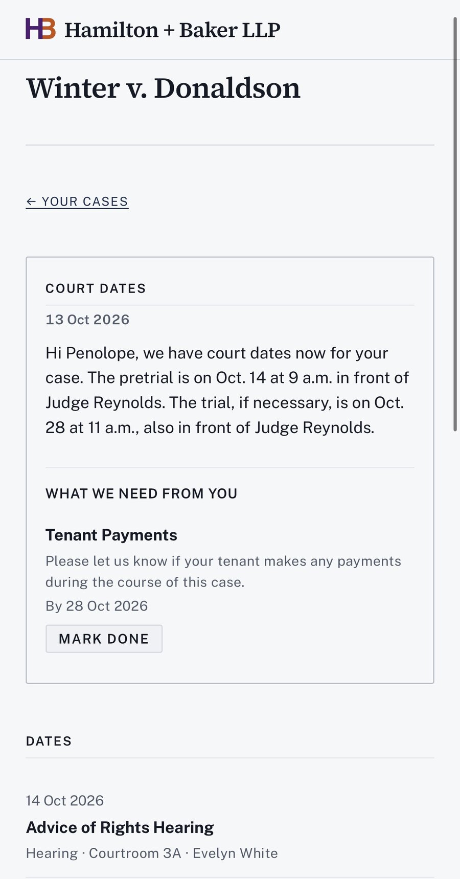 The client portal on a phone, showing a plain-English update from the firm, a request for the client, and upcoming dates.