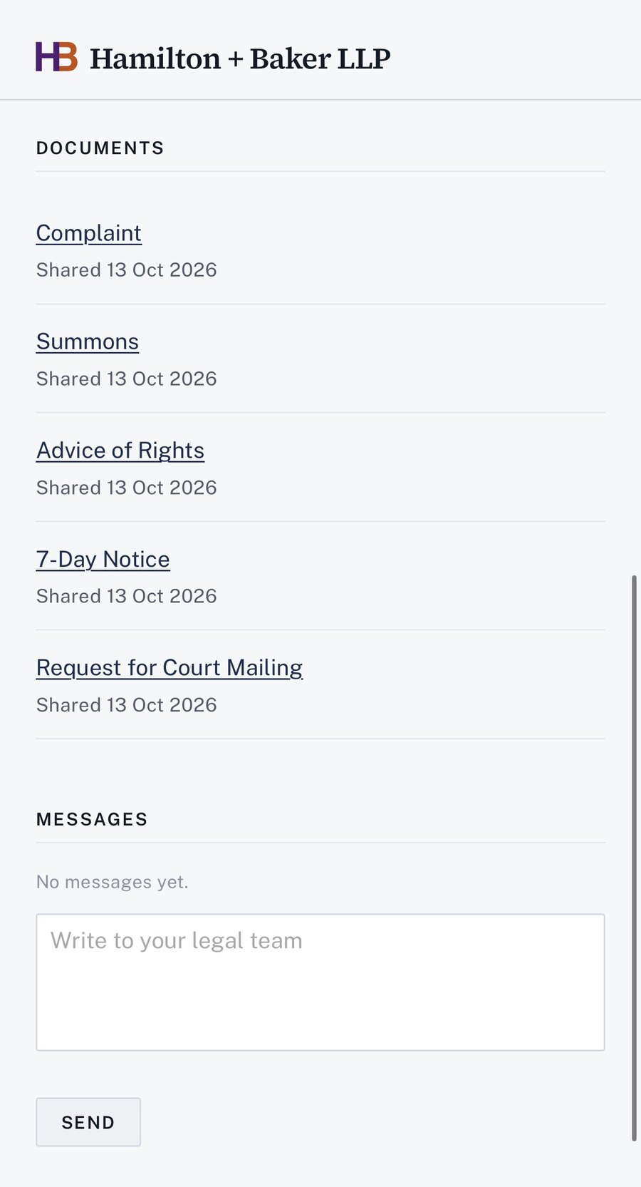 The client portal on a phone, showing shared documents and a message box to the legal team.
